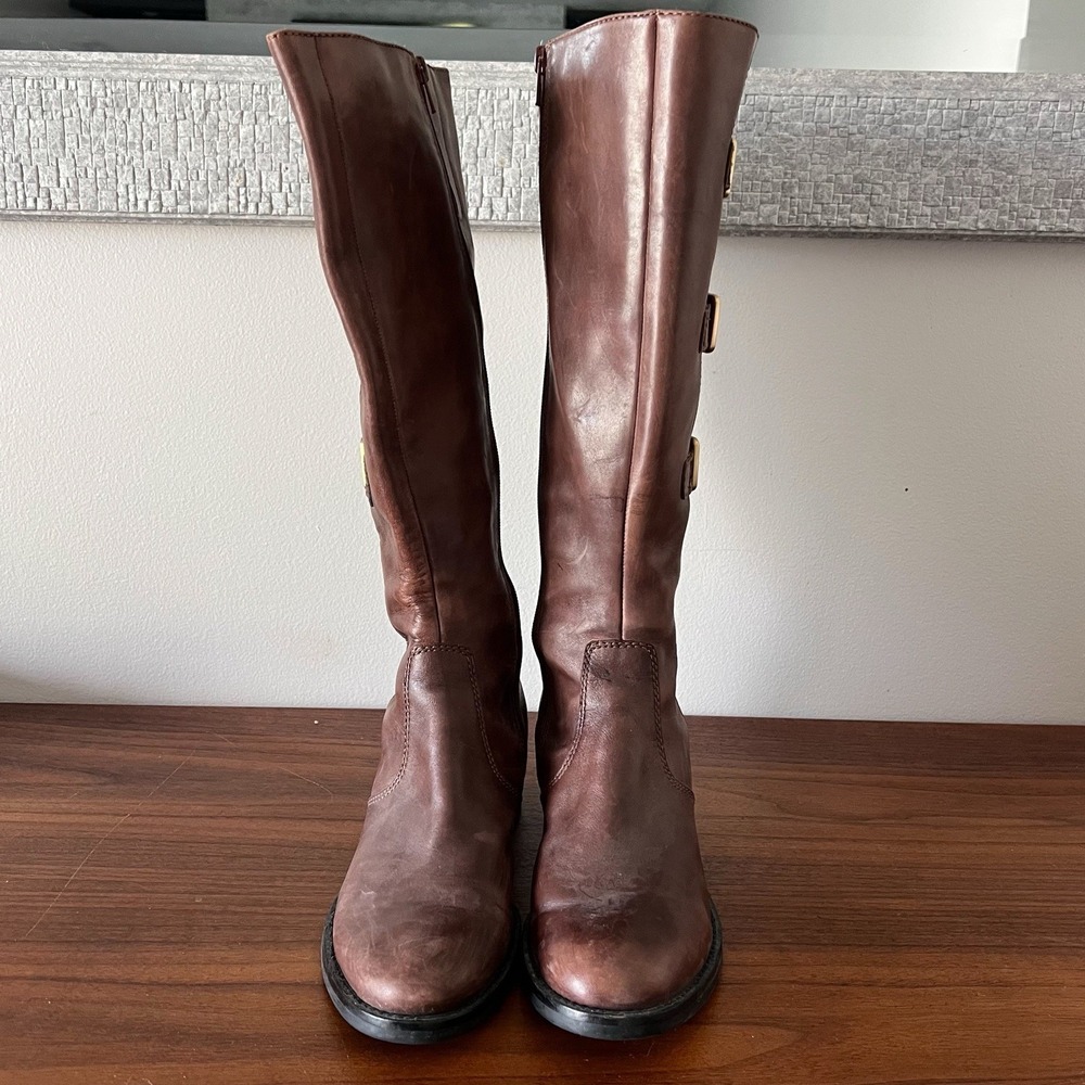 Ecco Leather Tall Riding Boots Brown Buckle Strap Knee High Women's 39 - Picture 5 of 9